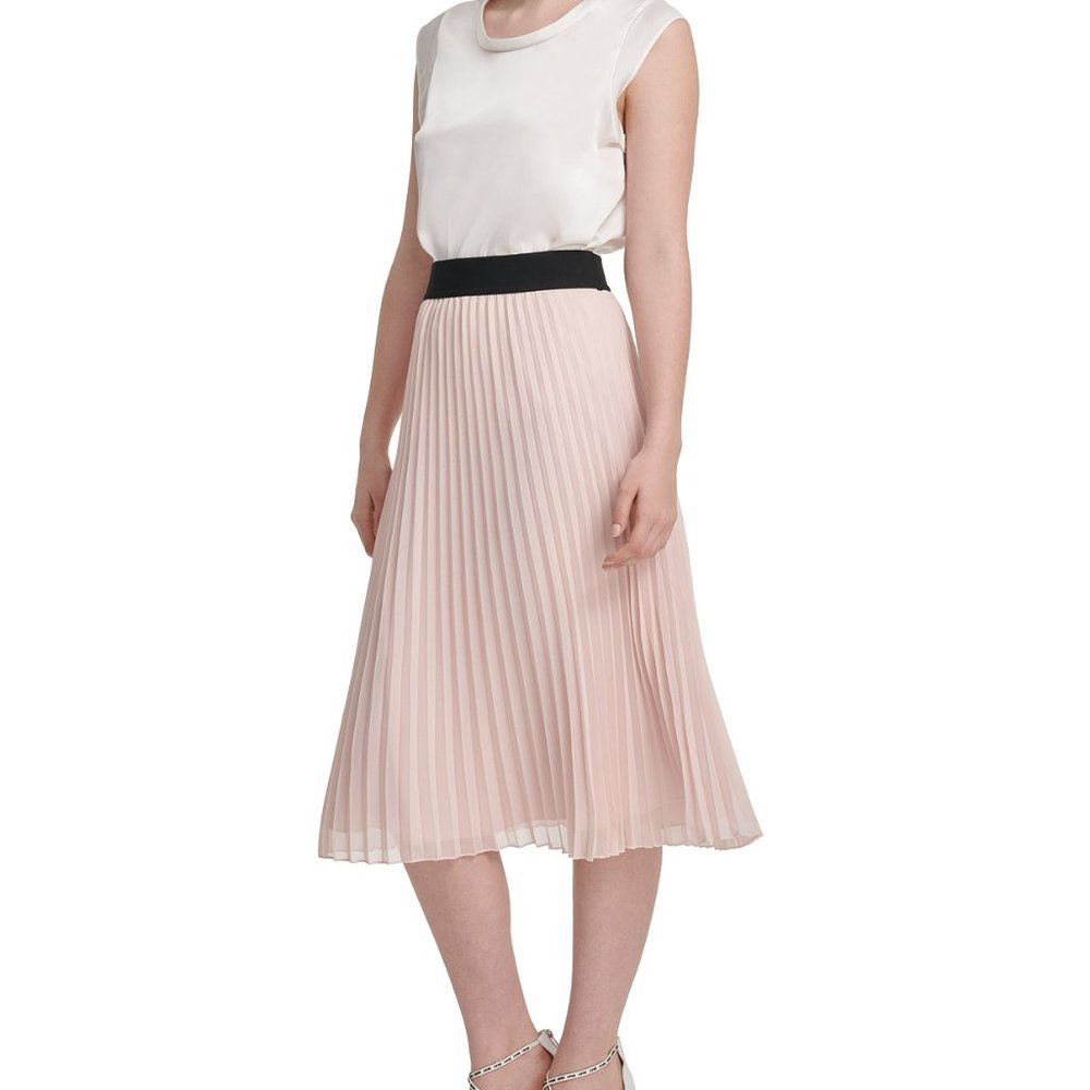 DKNY Pull-On Pleated Midi Skirt in Cream XL
